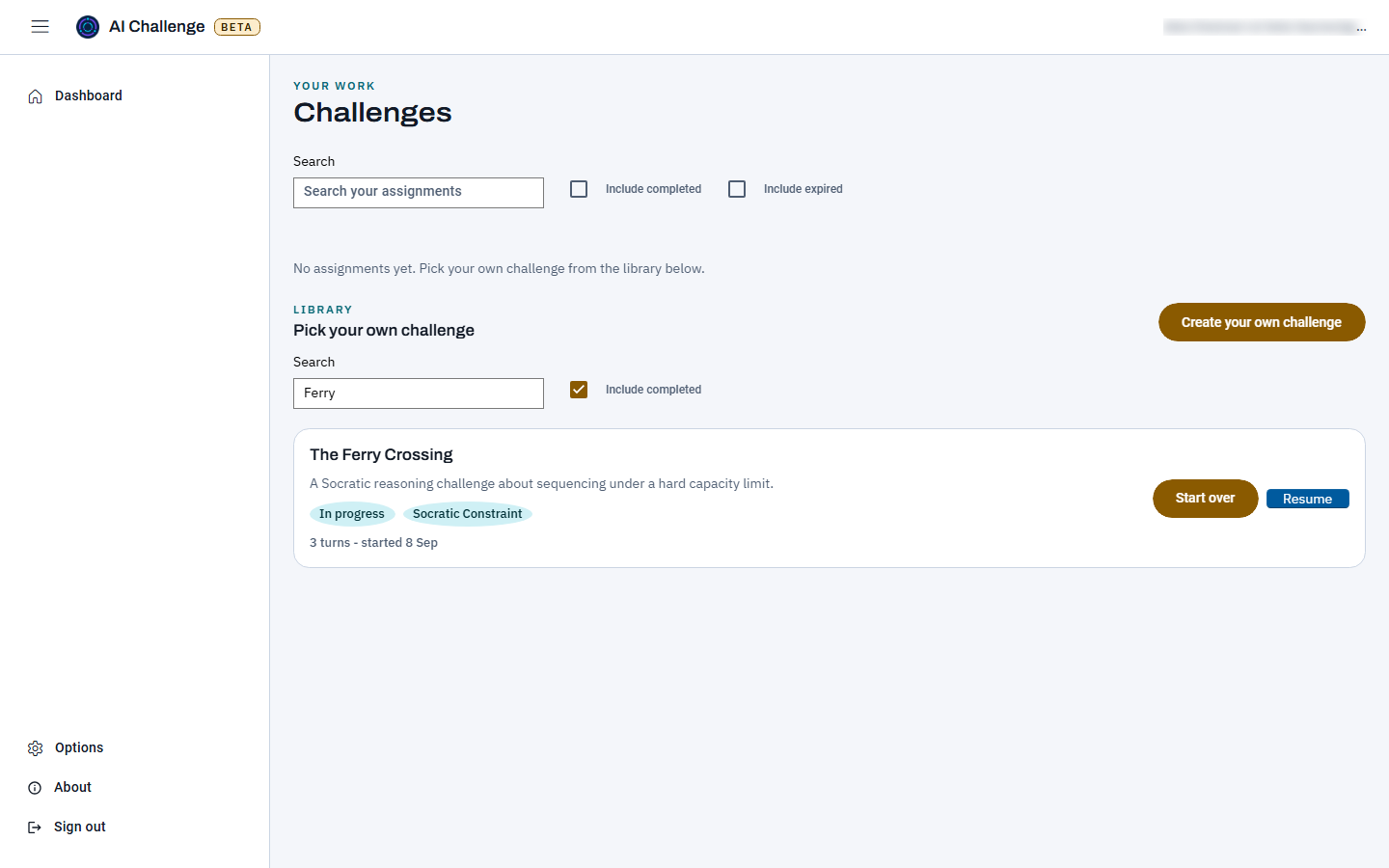 The library section with the word Ferry typed into its own search box and the Include completed checkbox ticked, narrowing the list to a single challenge card.