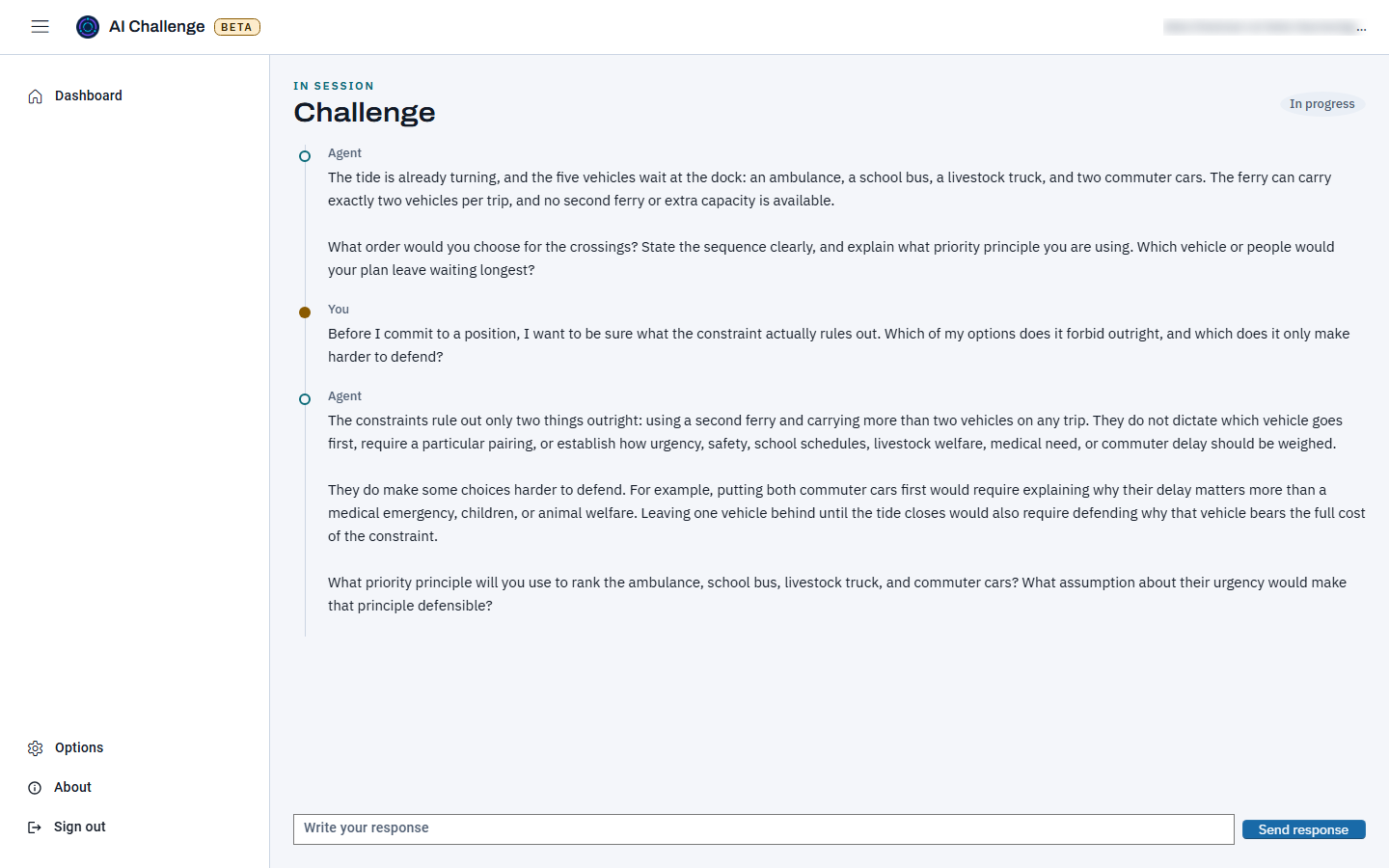 The same session after one exchange: the learner's question about what the constraint forbids, labelled You, and the agent's reply listing the moves the harbour rule rules out, above the response box.
