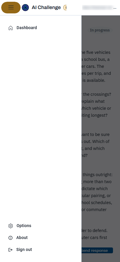 The portal on a narrow screen with the navigation panel slid out over the page, listing Dashboard, Options, About and Sign out.
