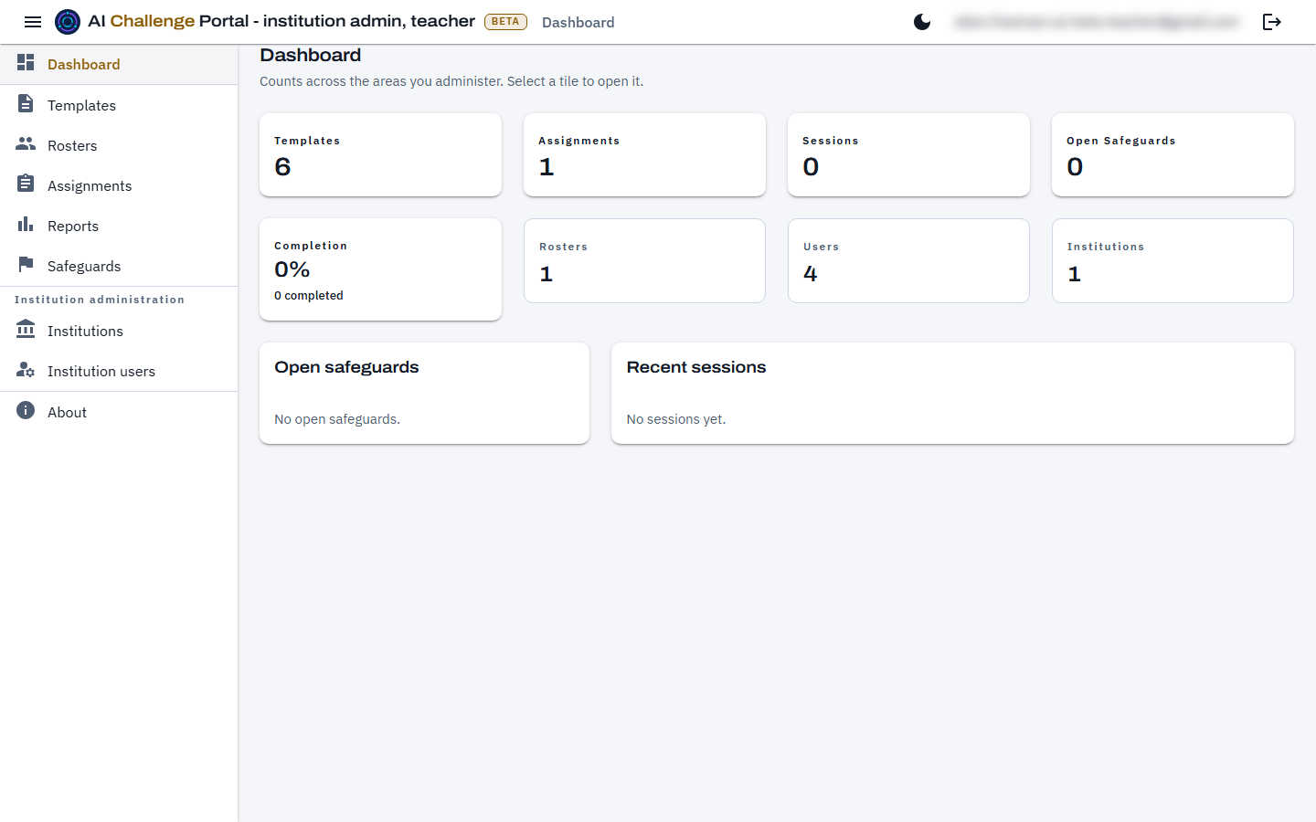 The administration portal dashboard with the navigation panel docked open on the left, showing the teaching tools at the top, an Institution administration group beneath them containing Institutions and Institution users, and a Legal group at the bottom. The page itself shows eight counting tiles and two summary panels.