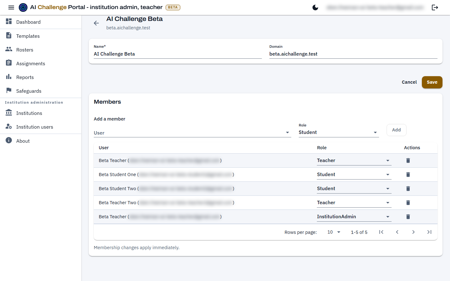 The institution page, showing Name and Domain fields with Save and Cancel beneath them, and a Members card containing an add-a-member row and a grid of existing members with their roles. The member email addresses are blurred.