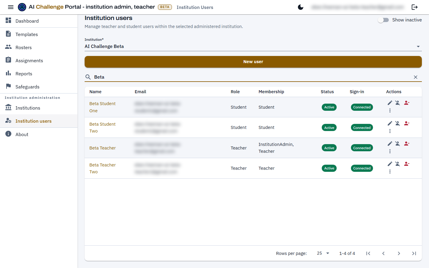 The institution users list with a search term typed into its search box, showing rows for the matching people with name, email, role, membership, status and sign-in columns. The email addresses are blurred.