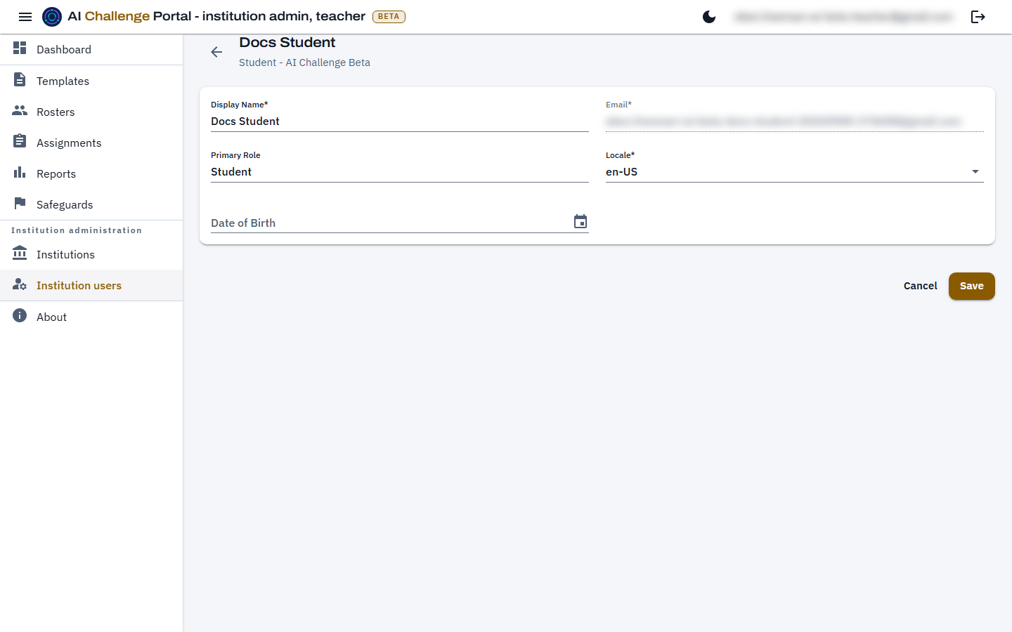 The institution user page for an existing person, with the email and primary role shown as read-only fields and the display name, locale and date of birth still editable.
