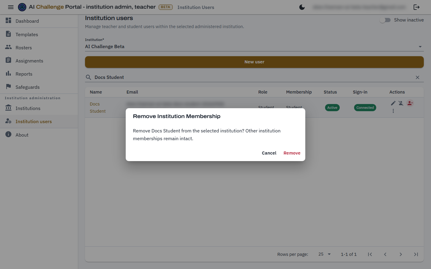 The Remove Institution Membership confirmation dialog, naming the person and stating that other institution memberships remain intact, with Cancel and Remove buttons.