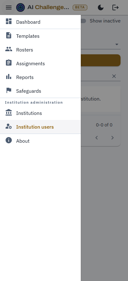 The administration portal on a narrow screen with the navigation panel slid out over the page, showing the teaching tools, the Institution administration group, and the About link.