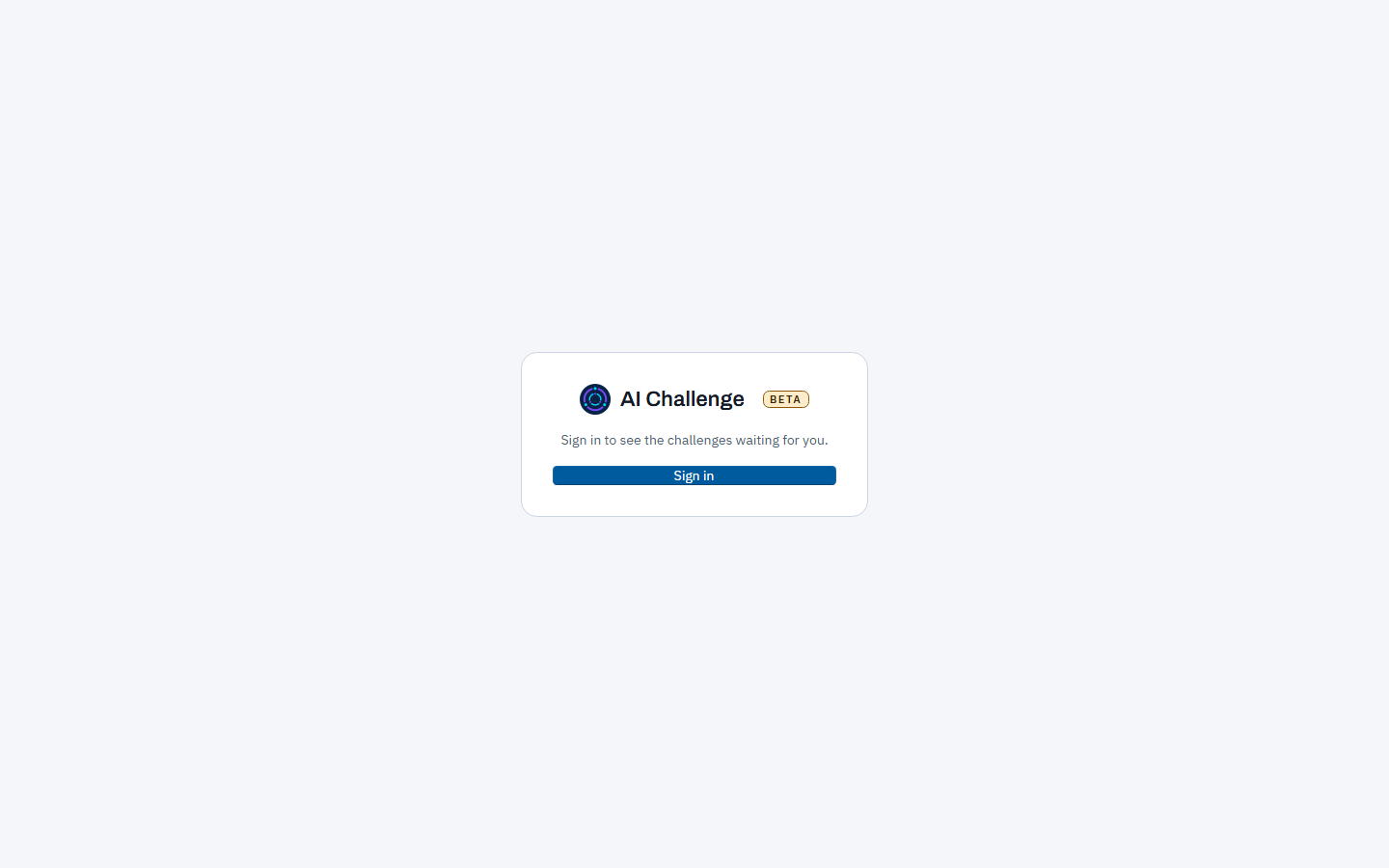 The student portal sign-in screen, showing the AI Challenge title and a single Sign in button on a card in the middle of the page.