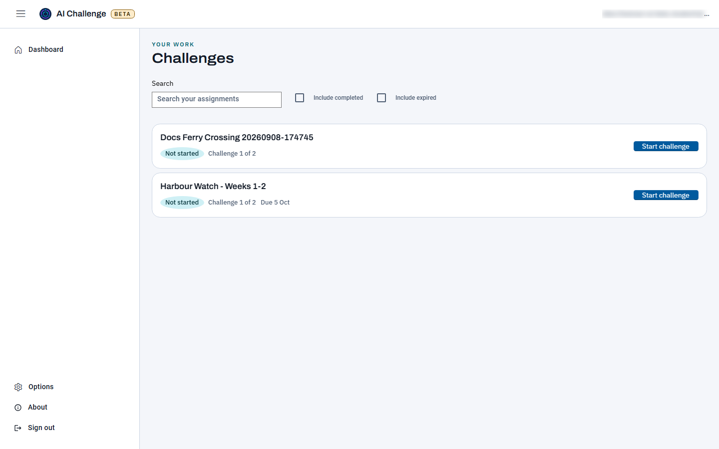 The student dashboard, headed Challenges, with a search box, two filter checkboxes, and a list of assignment cards each showing a title, a status, and an action button.