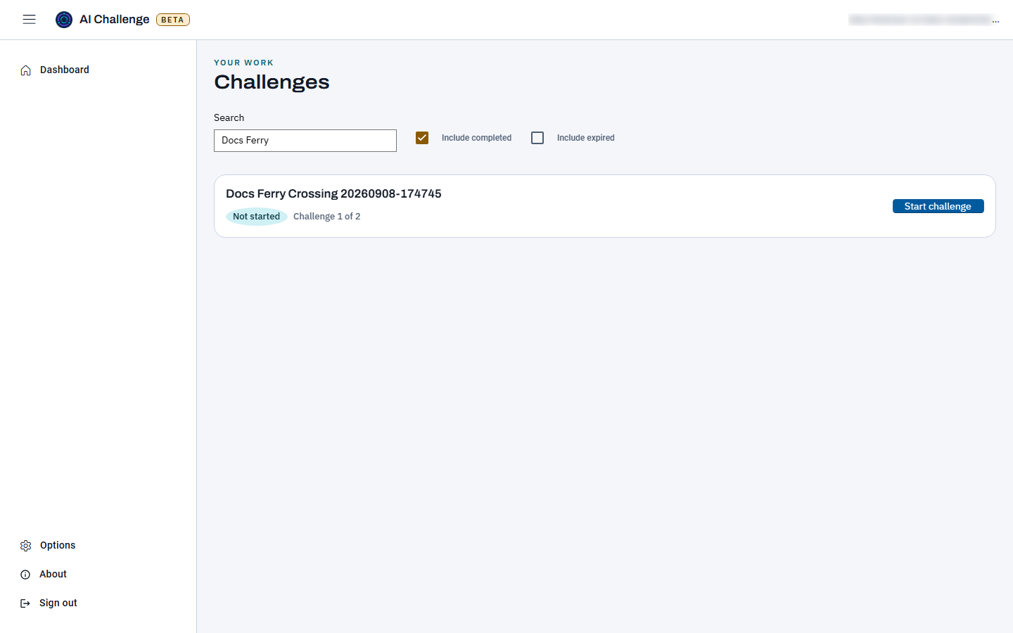 The dashboard with a search term typed into the search box and the Include completed checkbox ticked, narrowing the list to a single assignment card.