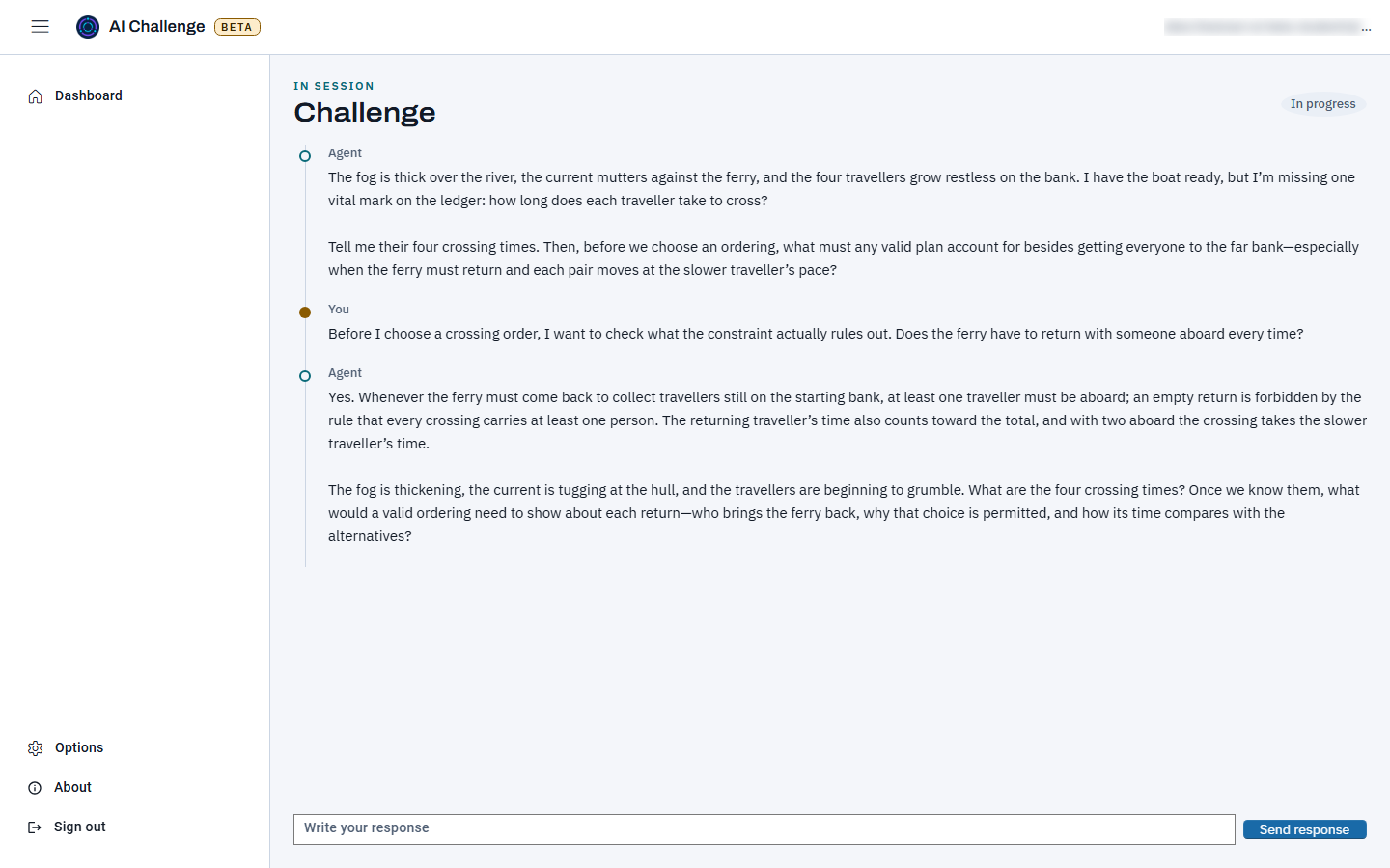 The same challenge after one exchange: the agent's opening message, the student's own turn labelled You, and the agent's reply beneath it, with the response box empty again.