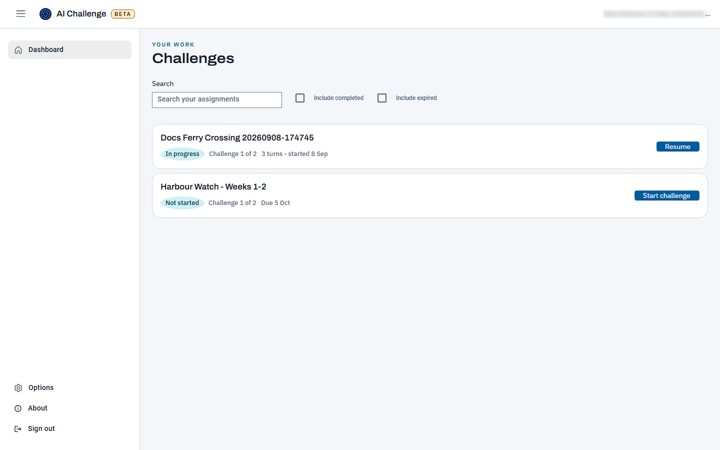 The dashboard after a challenge has been started. The top card reads In progress, with a detail line saying three turns started on 3 September and a Resume button, above a second assignment that is still Not started and shows its due date.