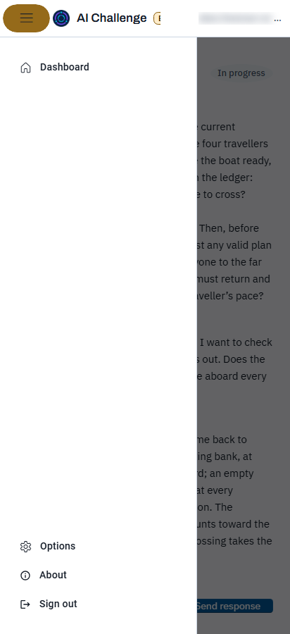 The portal on a narrow screen with the navigation panel slid out over the page, listing Dashboard, Options, About, and Sign out.