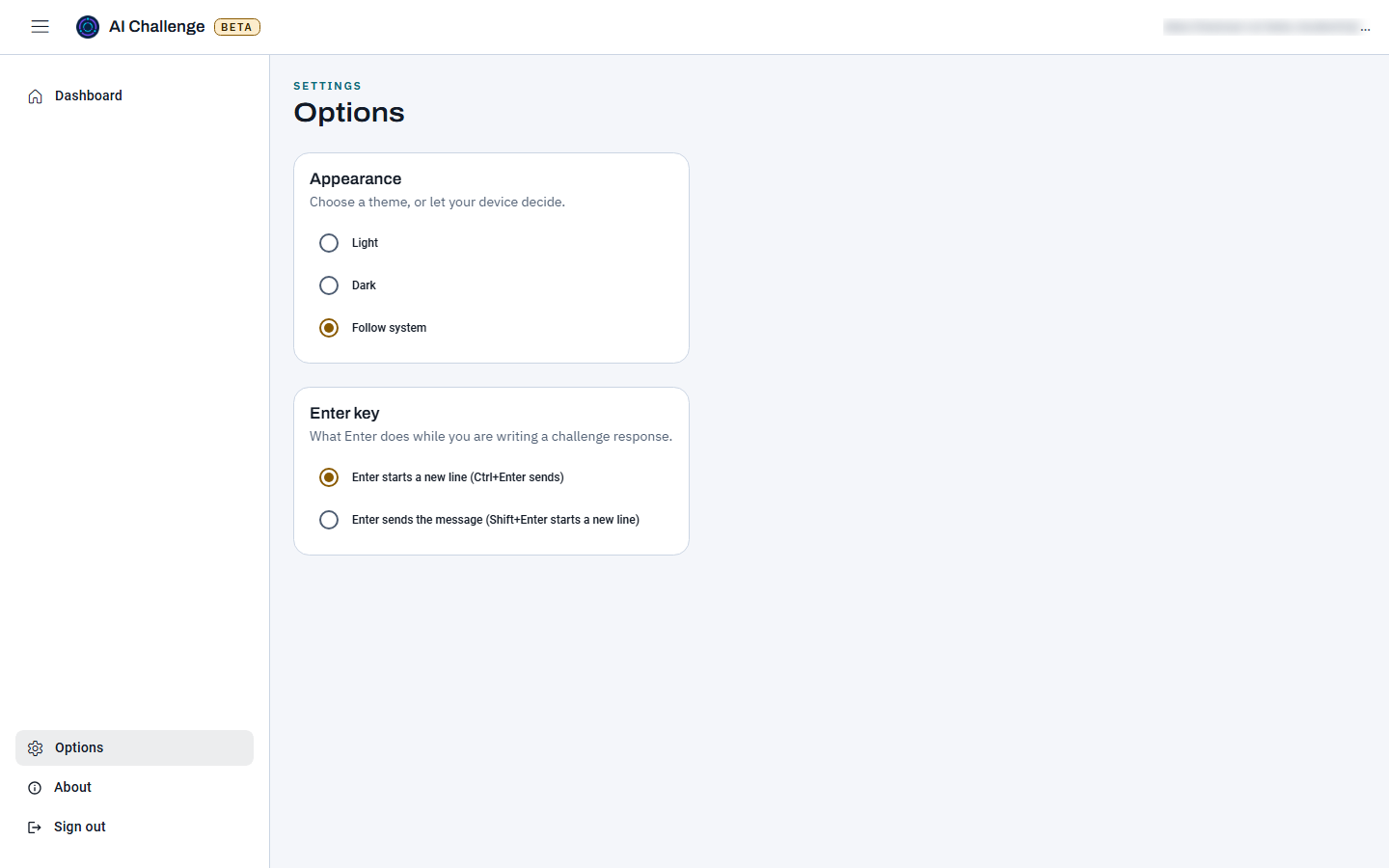 The Options page showing an Appearance card with Light, Dark and Follow system choices, and an Enter key card with the two sending behaviours.