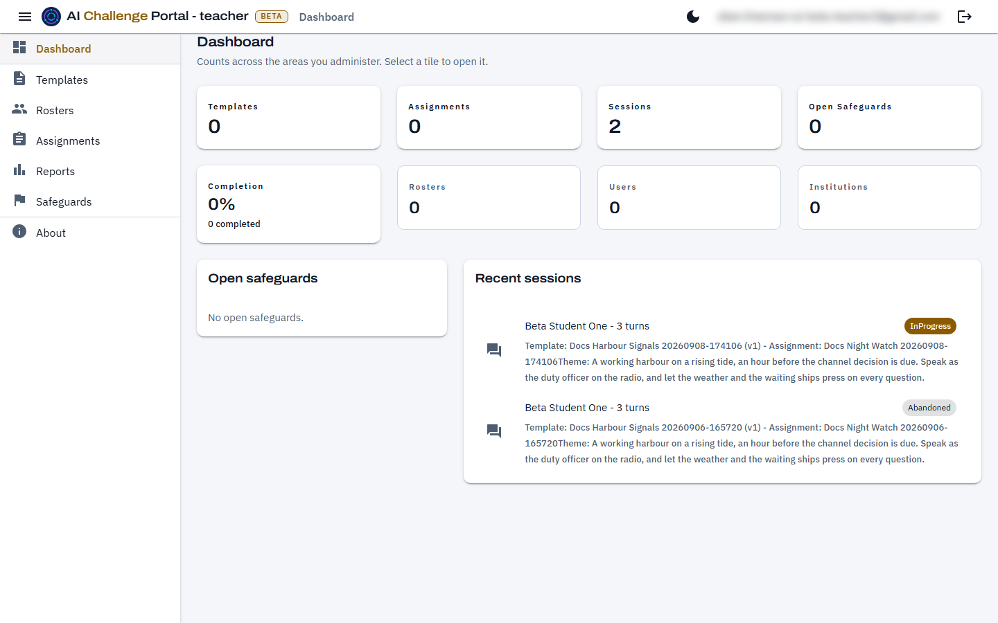 The management portal dashboard, with a navigation drawer on the left listing Dashboard, Templates, Rosters, Assignments, Reports, Safeguards and a Legal group, and a grid of counting tiles for templates, assignments, sessions, open safeguards, completion, rosters, users and institutions.