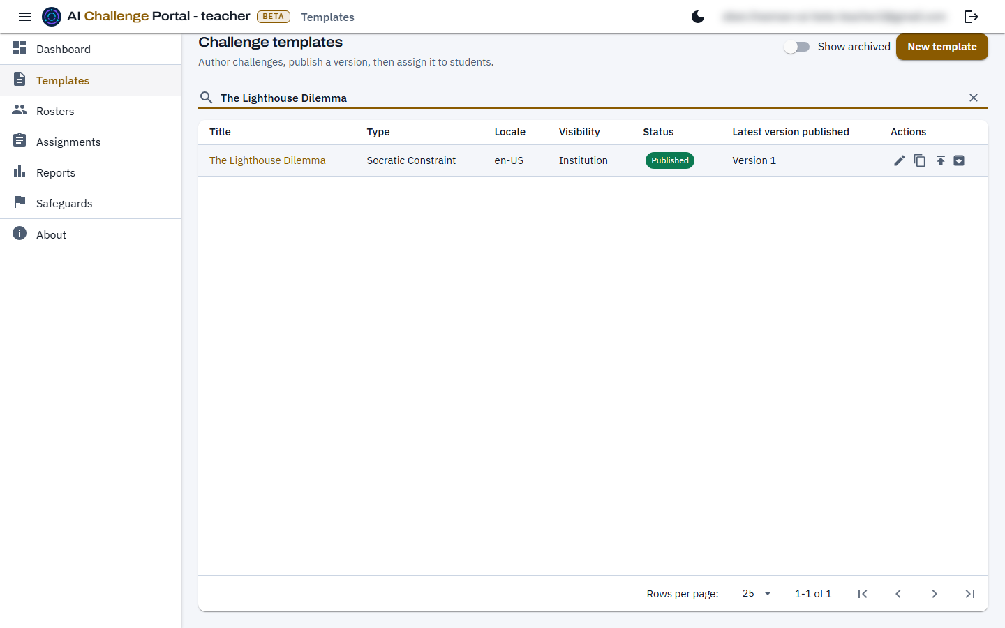 The Templates list narrowed by a search term, showing one template row with its type, locale, visibility, status and latest published version, and Edit, Clone, Publish and Archive actions at the end of the row.