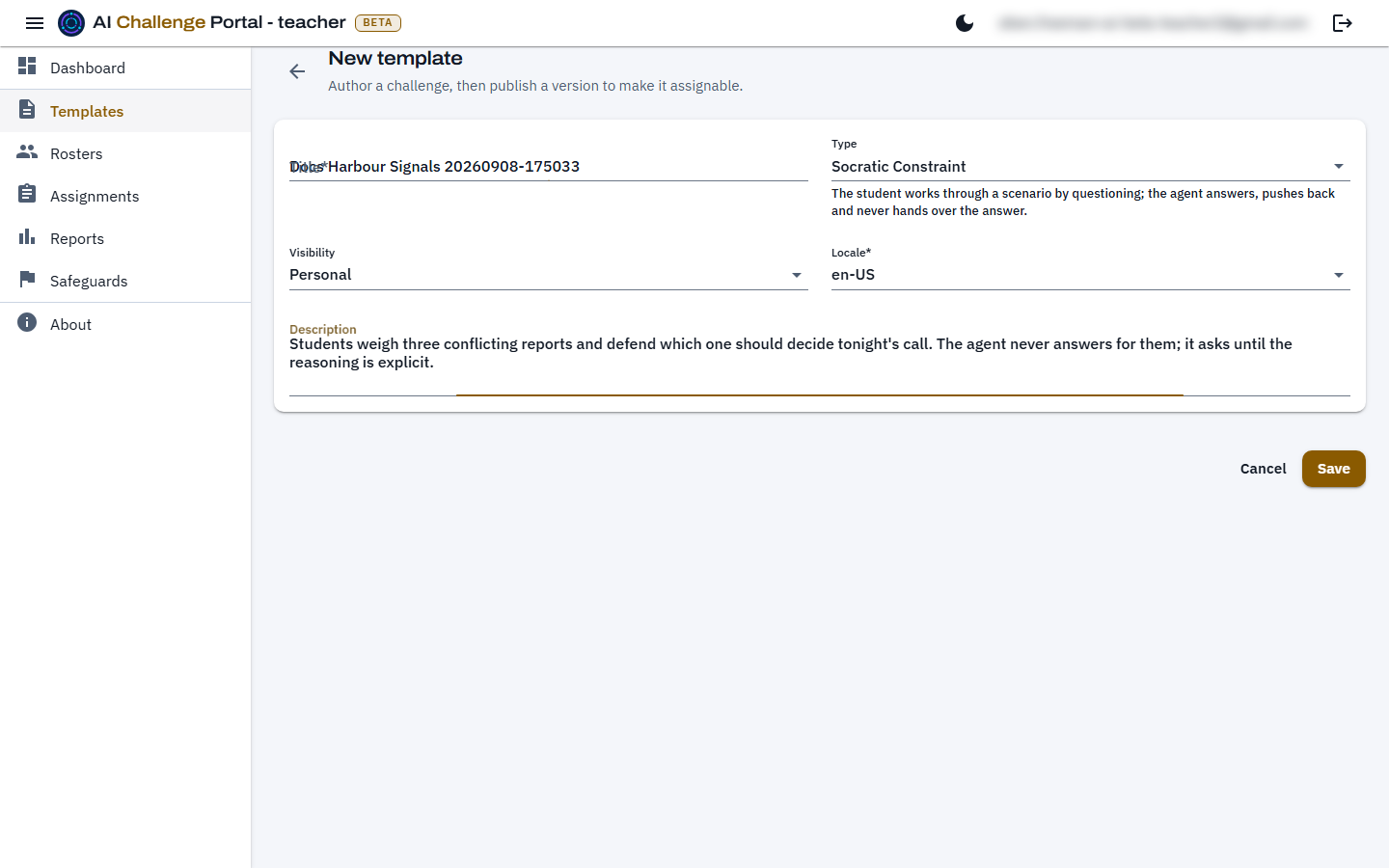 The new template form, filled in with a title, a type of Socratic Constraint, a visibility, a locale, and a description, with Cancel and Save buttons beneath it.