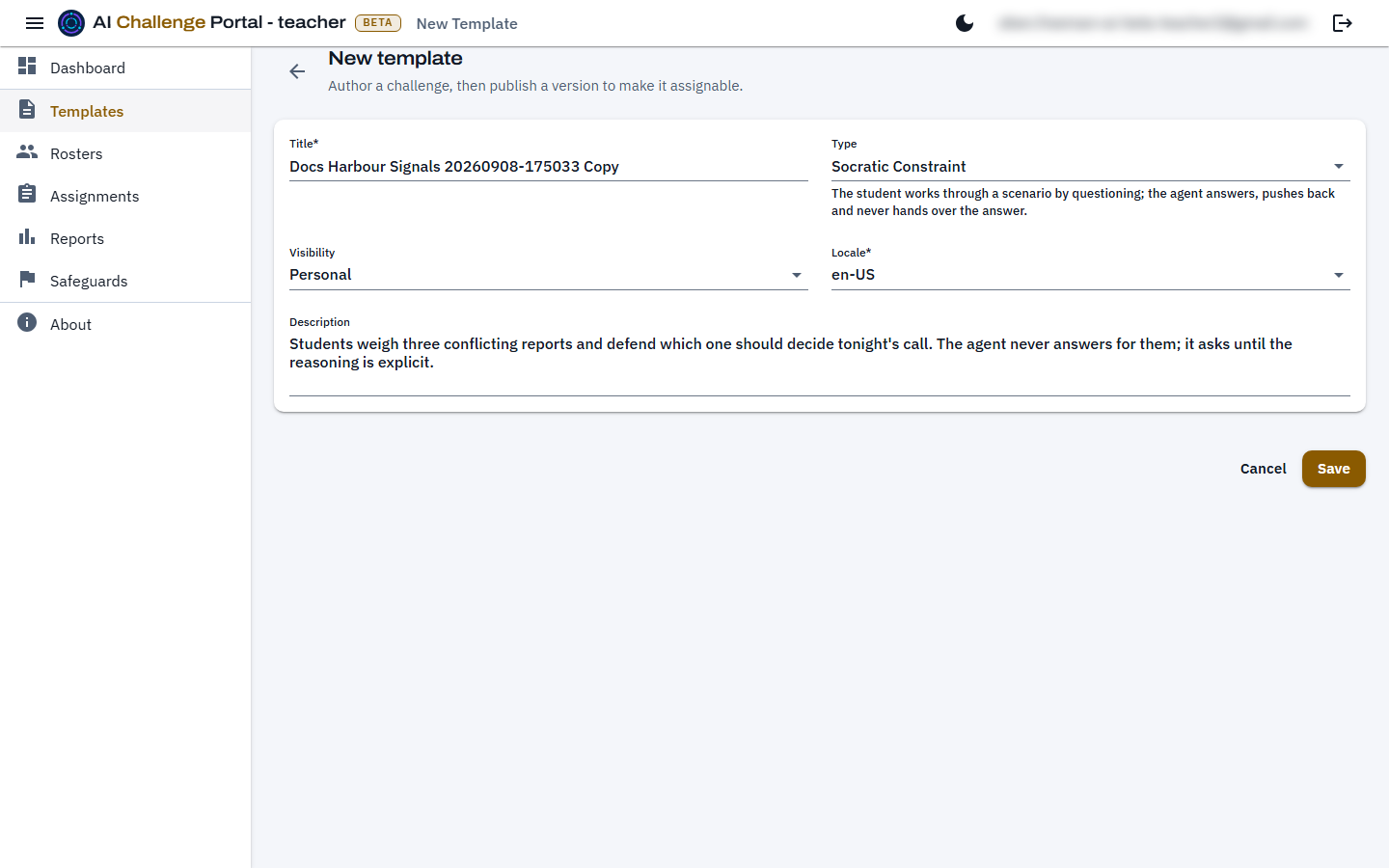 The new template form opened as a clone, with the title of the source template followed by the word Copy, and its description, type and locale already filled in.