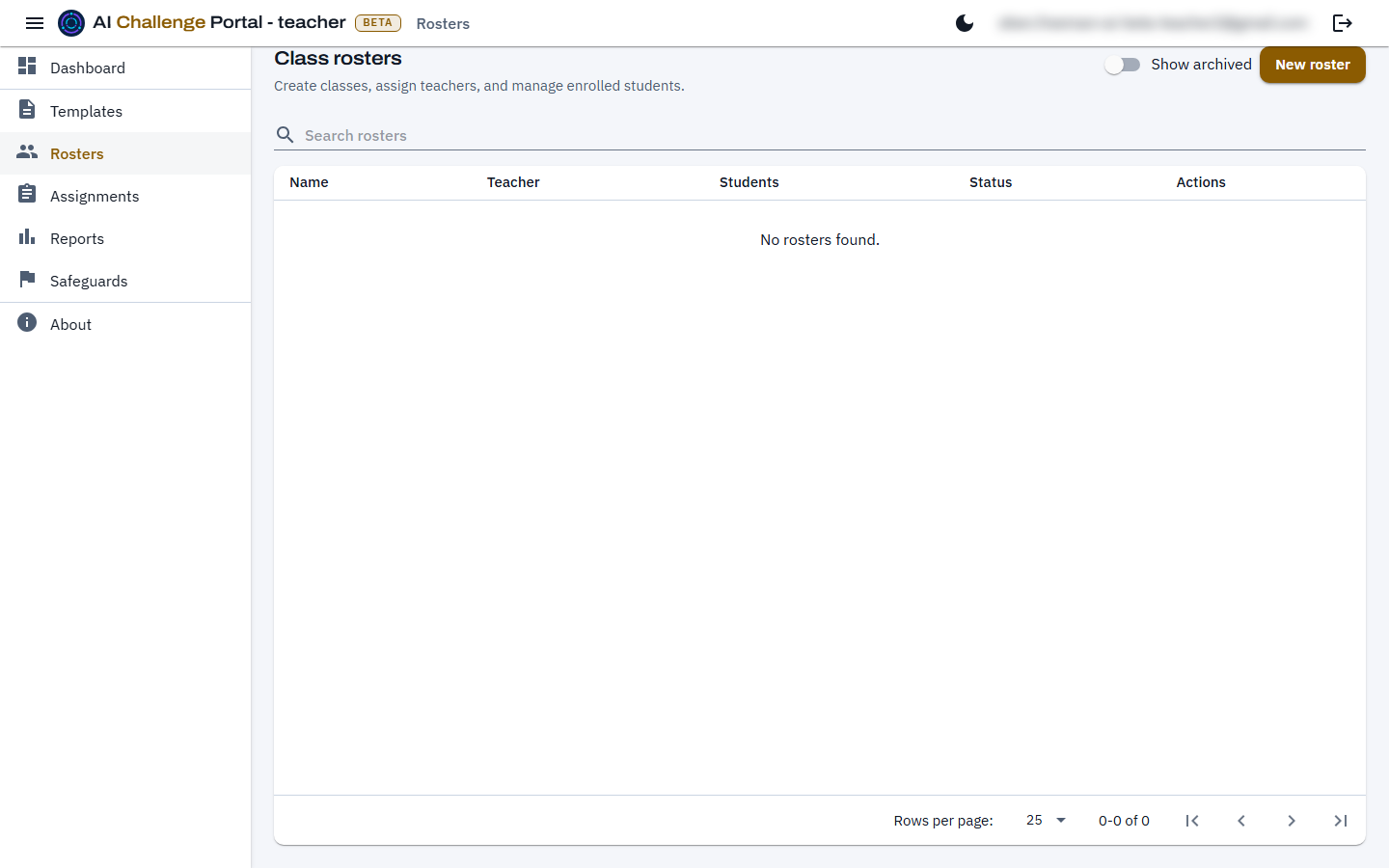 The Rosters list with a search box, a New roster button, and rows showing each roster's name, institution and student count.
