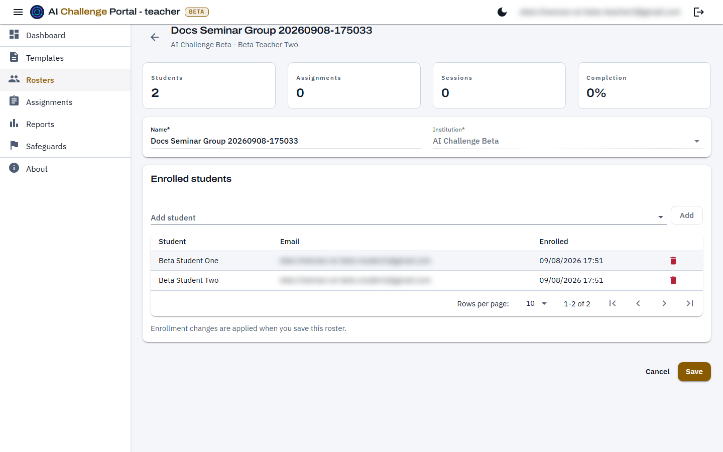 A roster page with summary tiles for students, assignments, sessions and completion, an Add student search box, and a table of enrolled students showing names, blurred email addresses and enrollment dates.