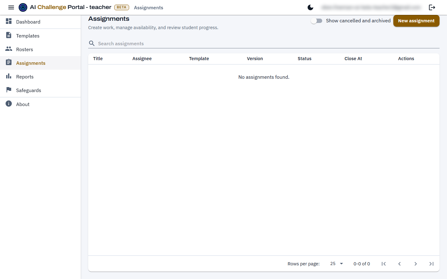 The Assignments list with a search box, a switch to show cancelled and archived assignments, a New assignment button, and rows showing each assignment's title, assignee, template, version, status and closing date.