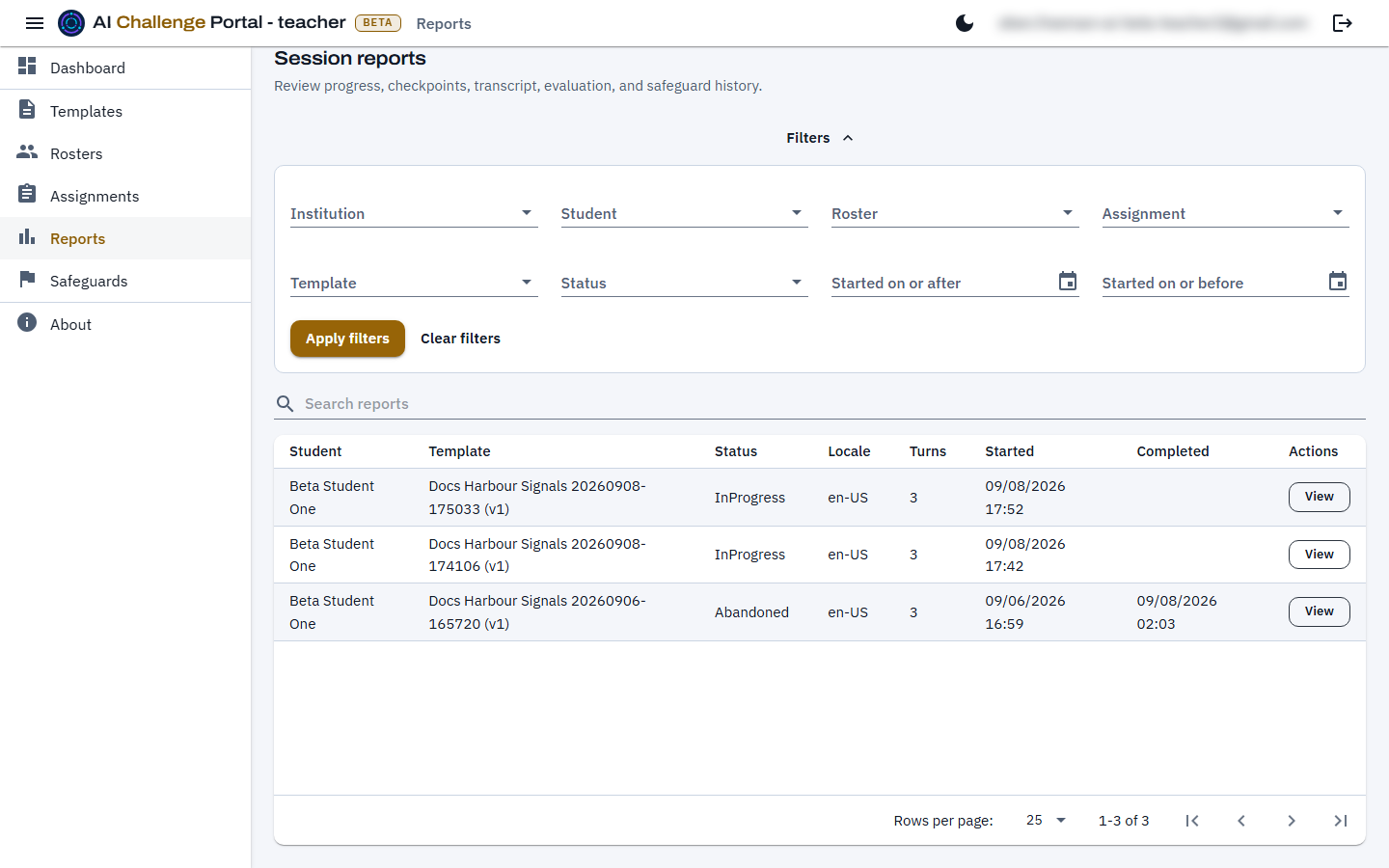 The Reports list with a filter panel offering institution, student, roster, assignment, template, status and start-date filters, above a search box and a grid of sessions showing student, template, status, locale, turns and start and completion times.