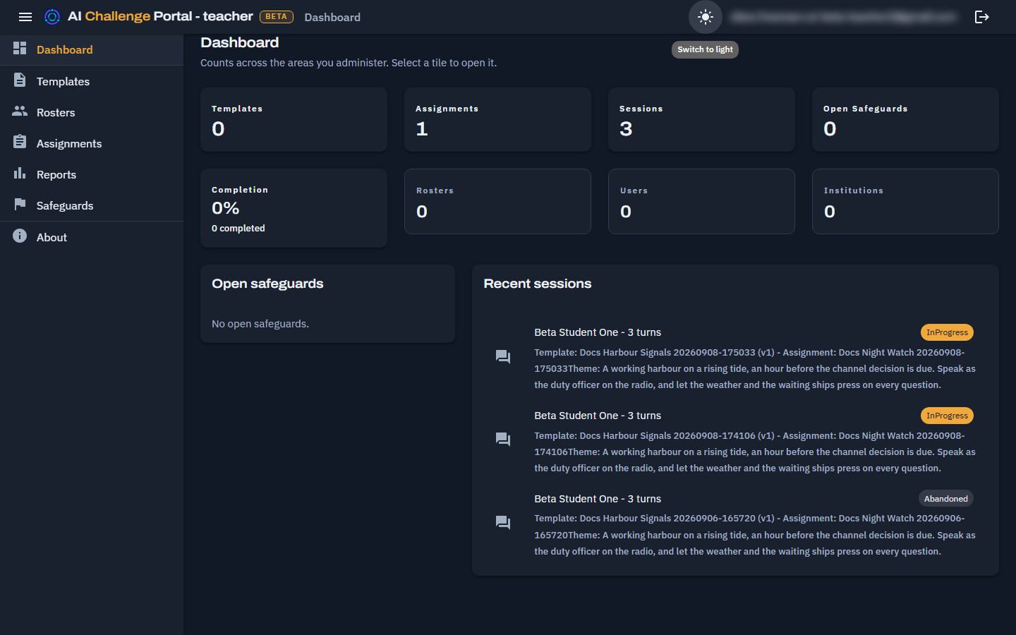 The dashboard in the dark theme, with the same navigation drawer and counting tiles rendered on a dark background.