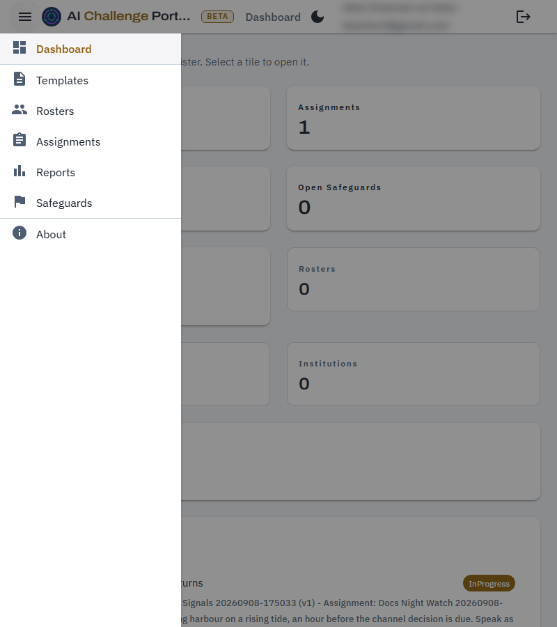 The portal in a narrow window with the navigation drawer slid out over the page, listing Dashboard, Templates, Rosters, Assignments, Reports, Safeguards and the Legal group.